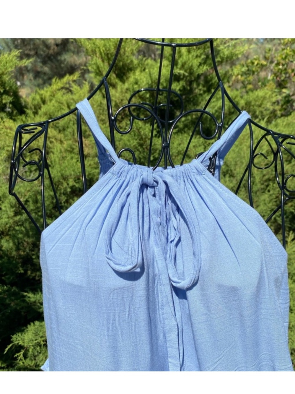 Sleeveless Light Blue Tiered Midi Dress with Tie Neck - Picture 2 of 11